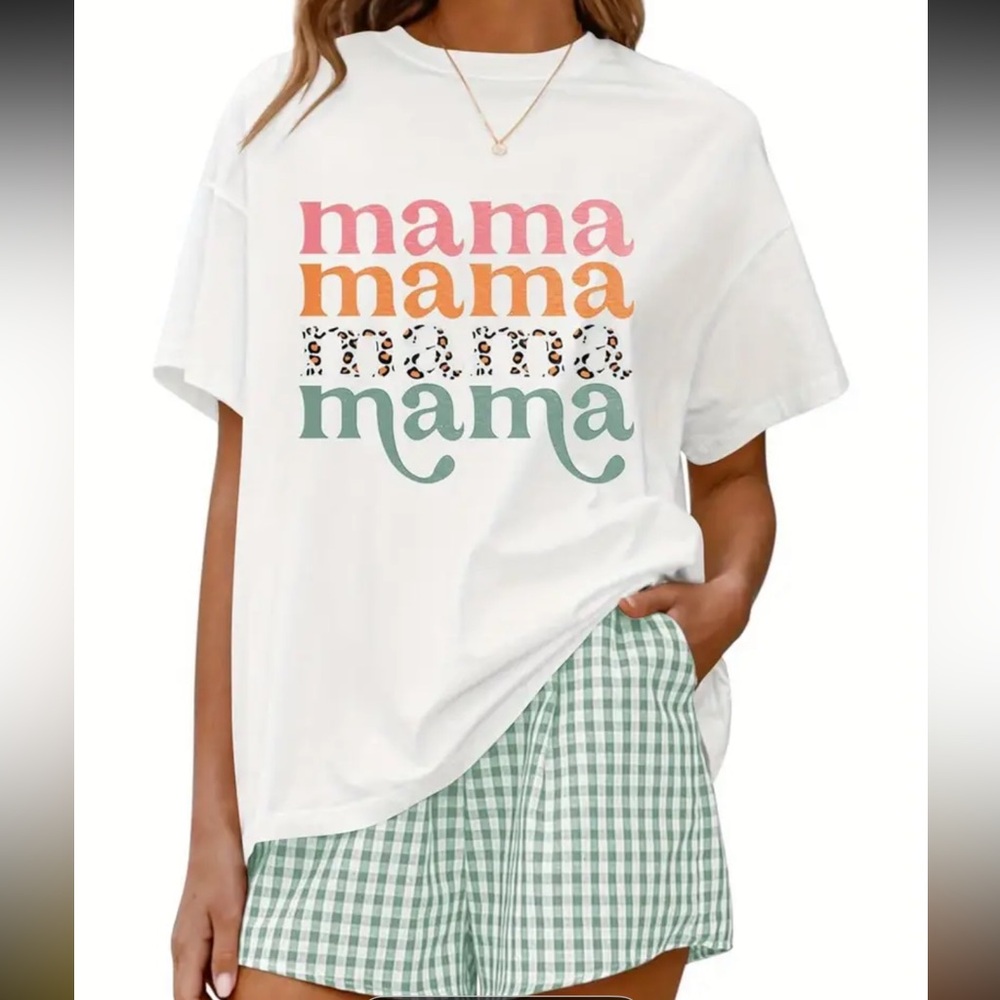 White Graphic Tee with Colorful 'Mama' Print and matching shorts